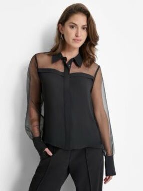 DKNY Black Sheer-Yoke Button-Down Blouse - NWT